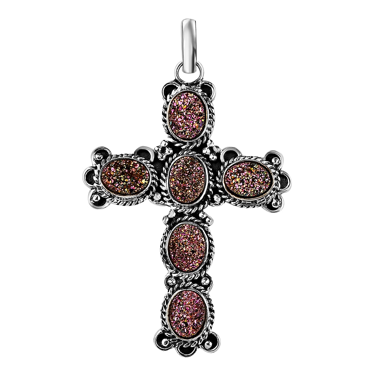 Rainbow Drusy Quartz Cross Pendant Sterling Silver, Artisan Crafted Quartz Religious Pendant, Unique Birthday Gifts For Women 6.90 ctw image number 0