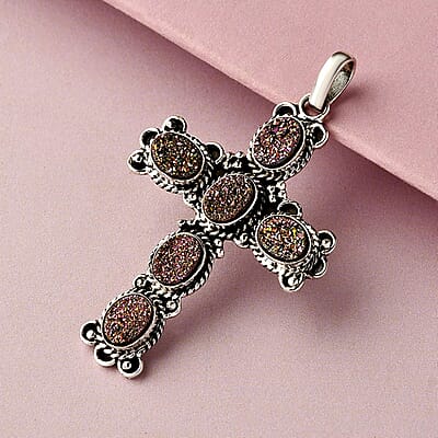Rainbow Drusy Quartz Cross Pendant Sterling Silver, Artisan Crafted Quartz Religious Pendant, Unique Birthday Gifts For Women 6.90 ctw