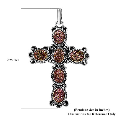 Rainbow Drusy Quartz Cross Pendant Sterling Silver, Artisan Crafted Quartz Religious Pendant, Unique Birthday Gifts For Women 6.90 ctw