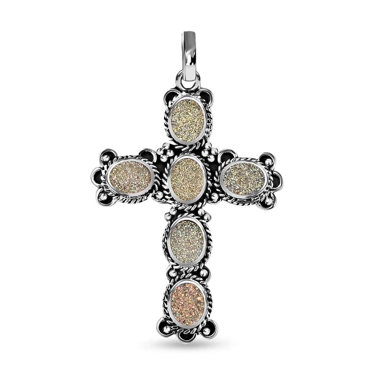 Pearl Shimmer Drusy Quartz Cross Pendant Sterling Silver, Artisan Crafted Quartz Religious Pendant, Unique Birthday Gifts For Women 6.60 ctw image number 0