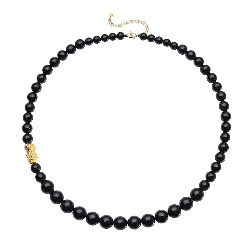 24K Yellow Gold Electroform AAAA Black Tourmaline Beaded Feng Shui Pi-xiu Necklace 18-20 Inches 278.25 ctw