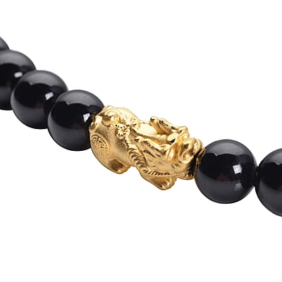24K Yellow Gold Electroform AAAA Black Tourmaline Beaded Feng Shui Pi-xiu Necklace 18-20 Inches 278.25 ctw