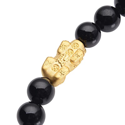 24K Yellow Gold Electroform AAAA Black Tourmaline Beaded Feng Shui Pi-xiu Necklace 18-20 Inches 278.25 ctw