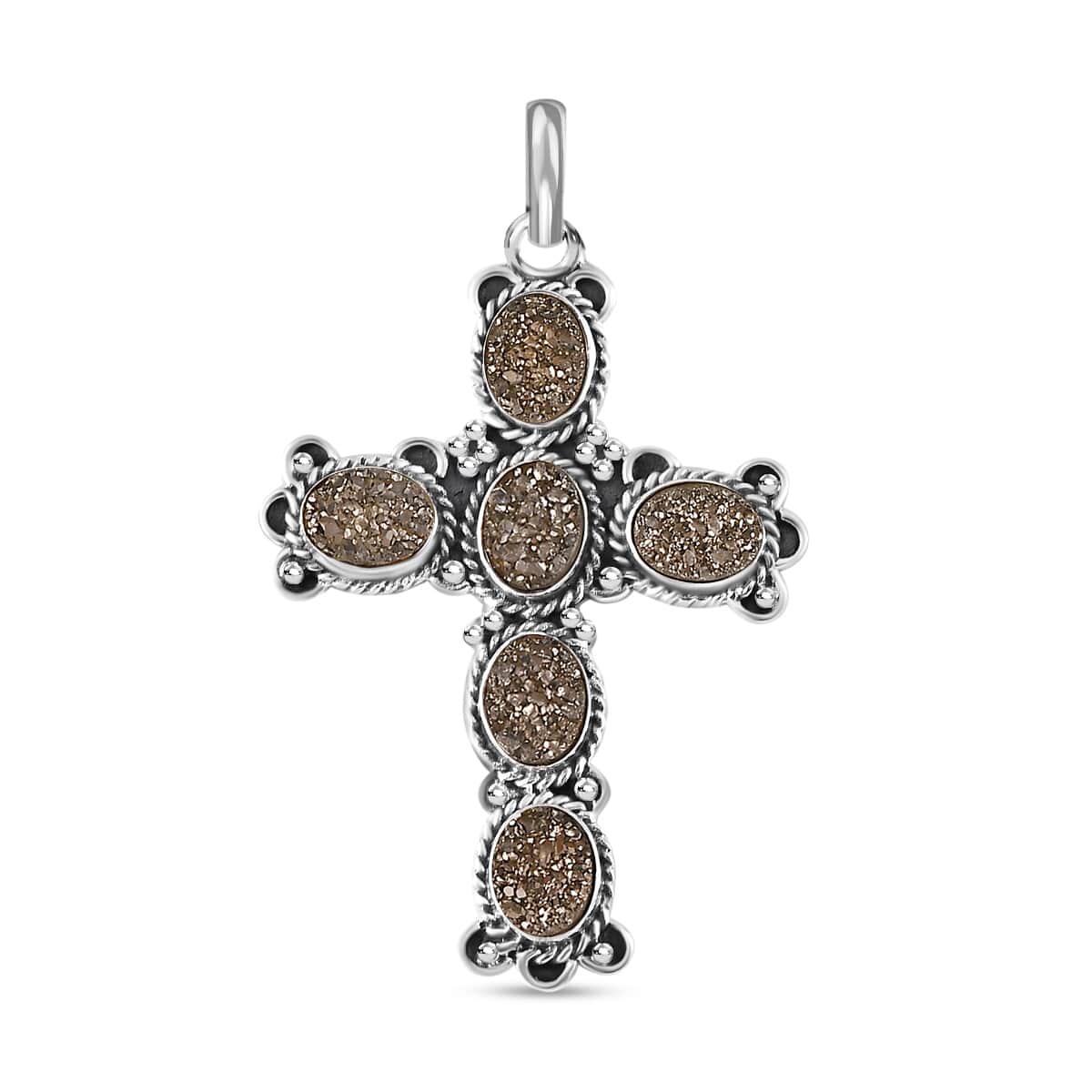 Drusy Quartz Cross Pendant Sterling Silver, Artisan Crafted Quartz Religious Pendant, Unique Birthday Gifts For Women 6.90 ctw image number 0