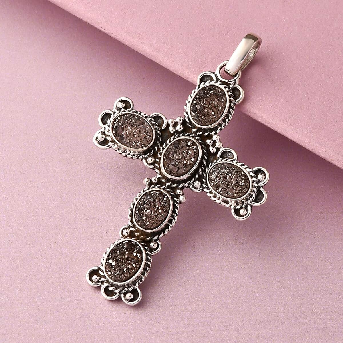 Drusy Quartz Cross Pendant Sterling Silver, Artisan Crafted Quartz Religious Pendant, Unique Birthday Gifts For Women 6.90 ctw image number 1