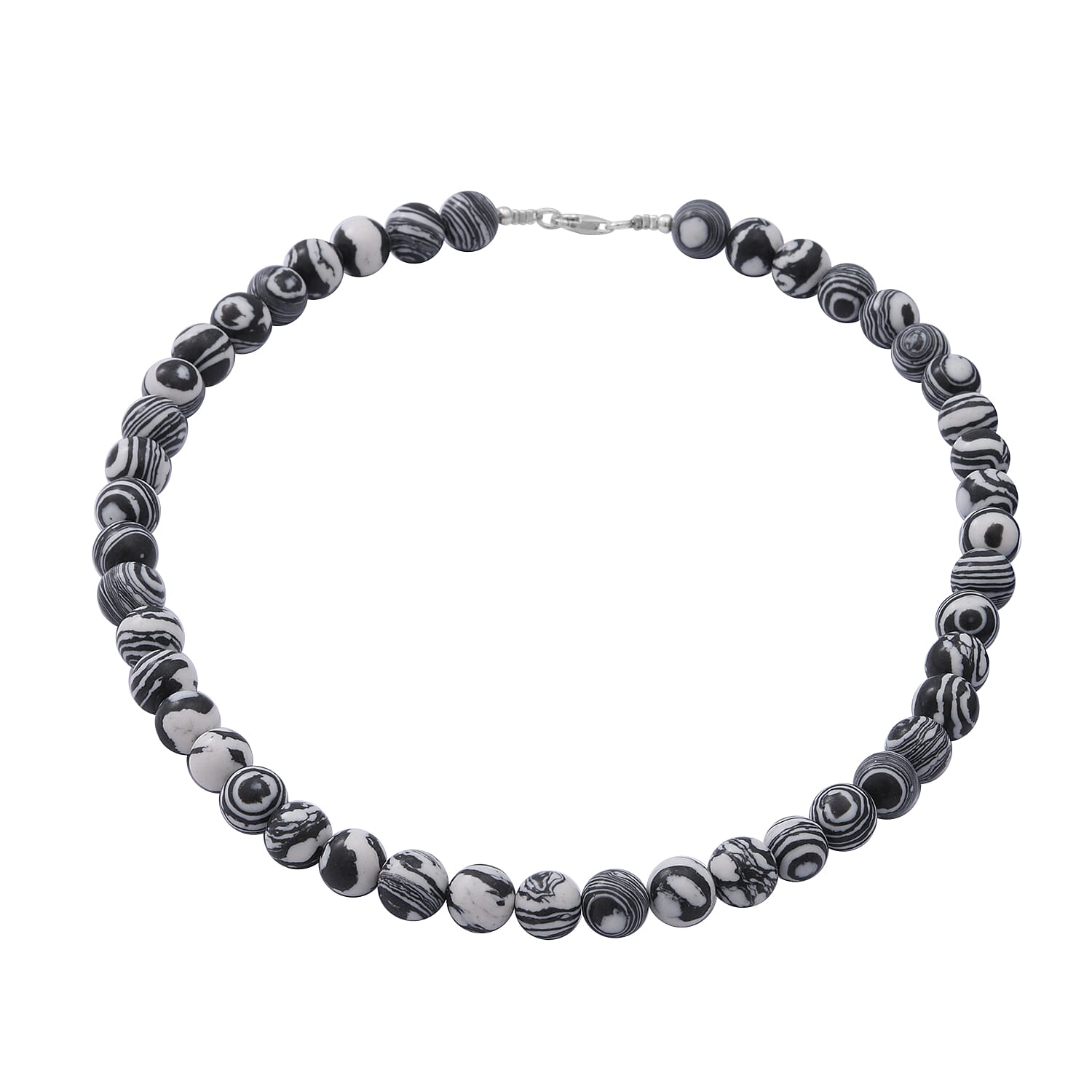 Black and White Color Malachite 10mm Beaded Necklace 18 Inches in Sterling Silver 250.00 ctw