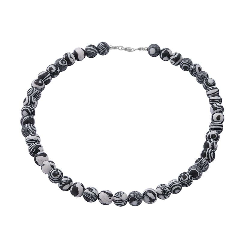 Black and White Color Malachite 10mm Beaded Necklace 18 Inches in Sterling Silver 250.00 ctw