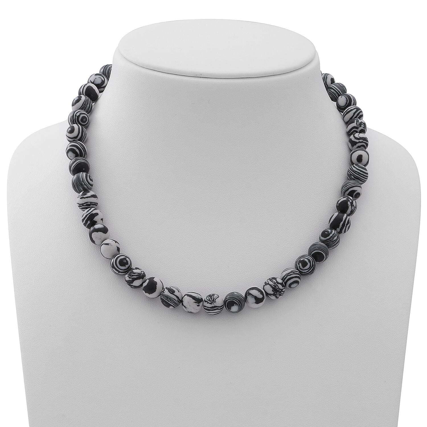Black and White Color Malachite 10mm Beaded Necklace 18 Inches in Sterling Silver 250.00 ctw