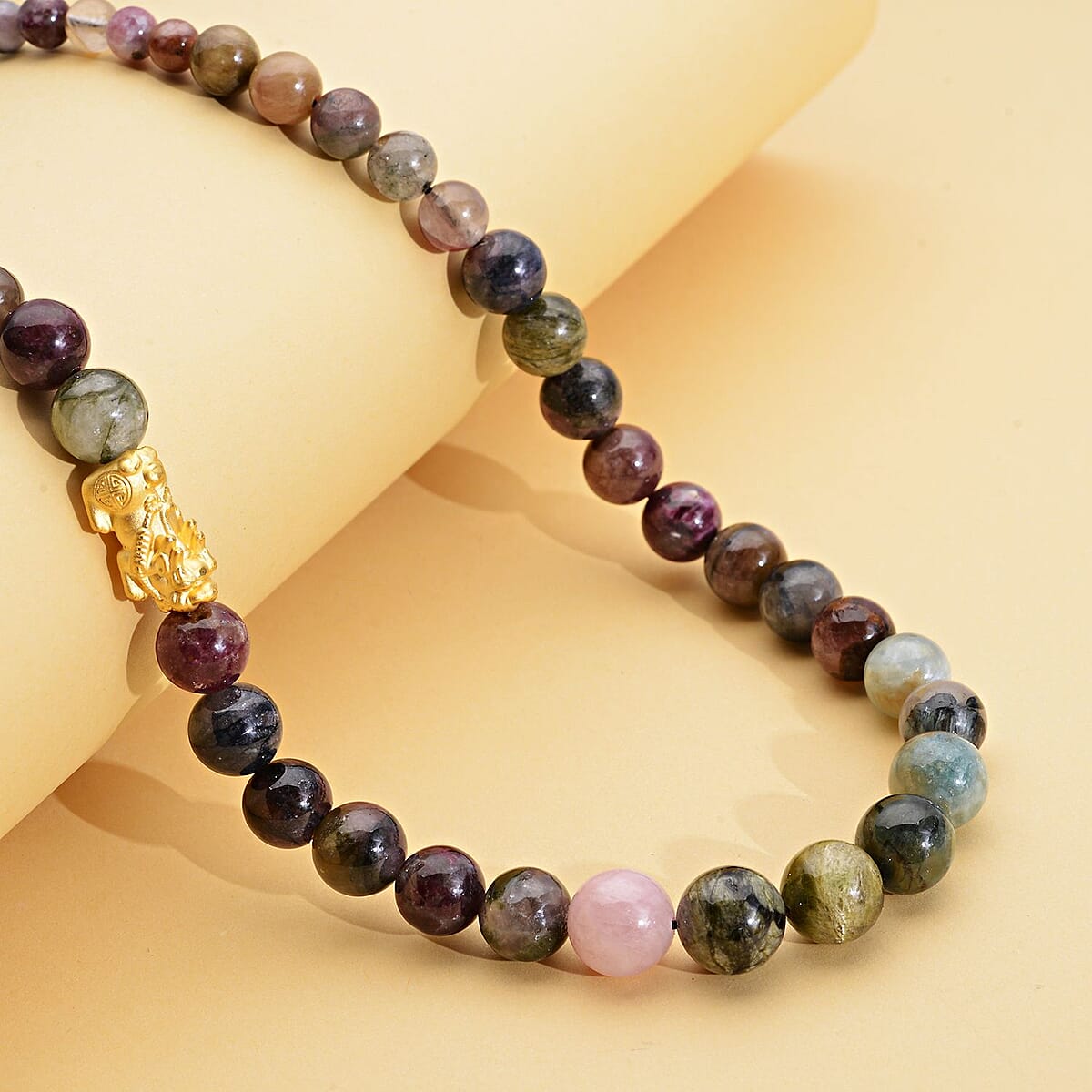24K Yellow Gold Electroform AAAA Multi-Tourmaline Beaded Feng Shui Pi-xiu Necklace 18-20 Inches 191.25 ctw image number 1