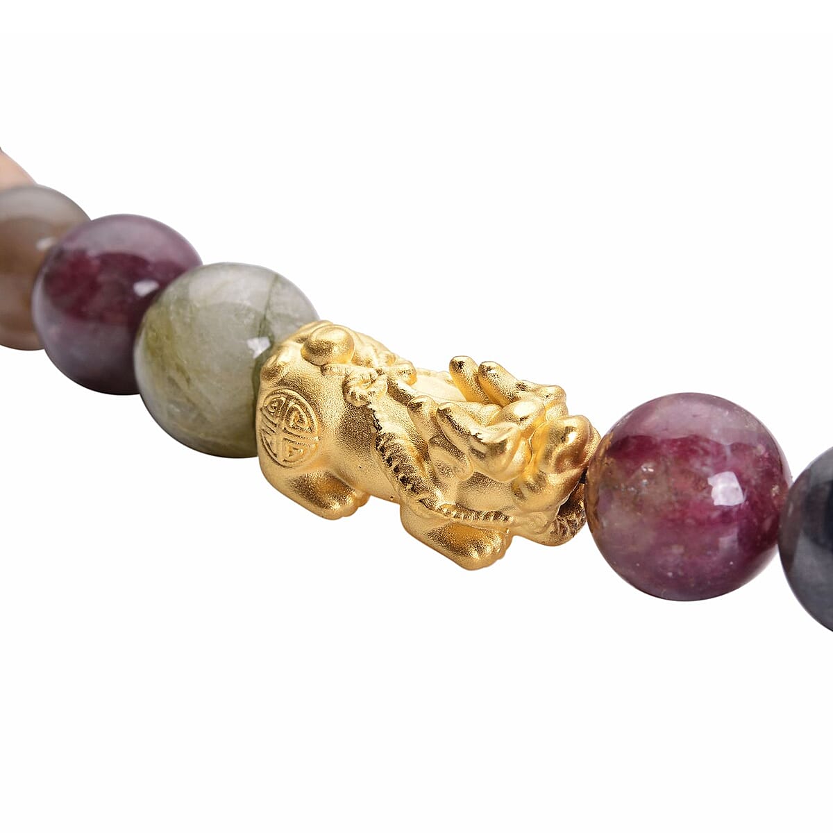 24K Yellow Gold Electroform AAAA Multi-Tourmaline Beaded Feng Shui Pi-xiu Necklace 18-20 Inches 191.25 ctw image number 2