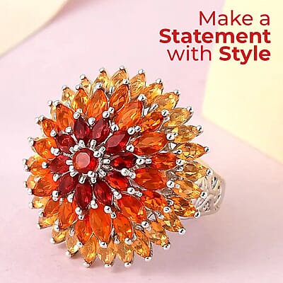 Fire Opal Floral Spray Cluster Ring in Platinum Over Sterling Silver, Cocktail Ring For Her, Opal Jewelry 3.50 ctw