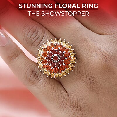 Fire Opal Floral Spray Cluster Ring in Platinum Over Sterling Silver, Cocktail Ring For Her, Opal Jewelry 3.50 ctw