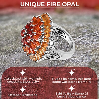 Fire Opal Floral Spray Cluster Ring in Platinum Over Sterling Silver, Cocktail Ring For Her, Opal Jewelry 3.50 ctw