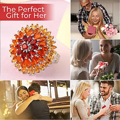 Fire Opal Floral Spray Cluster Ring in Platinum Over Sterling Silver, Cocktail Ring For Her, Opal Jewelry 3.50 ctw