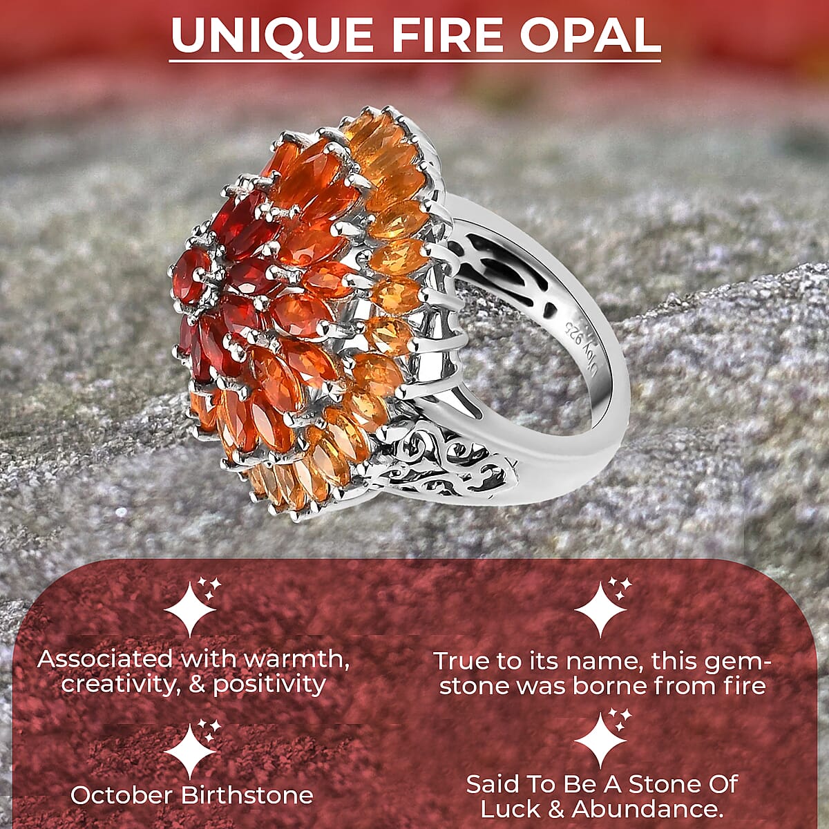 D'Joy Fire Opal Floral Spray Cluster Ring in Platinum Over Sterling Silver, Cocktail Ring For Her, Opal Jewelry 3.50 ctw image number 3