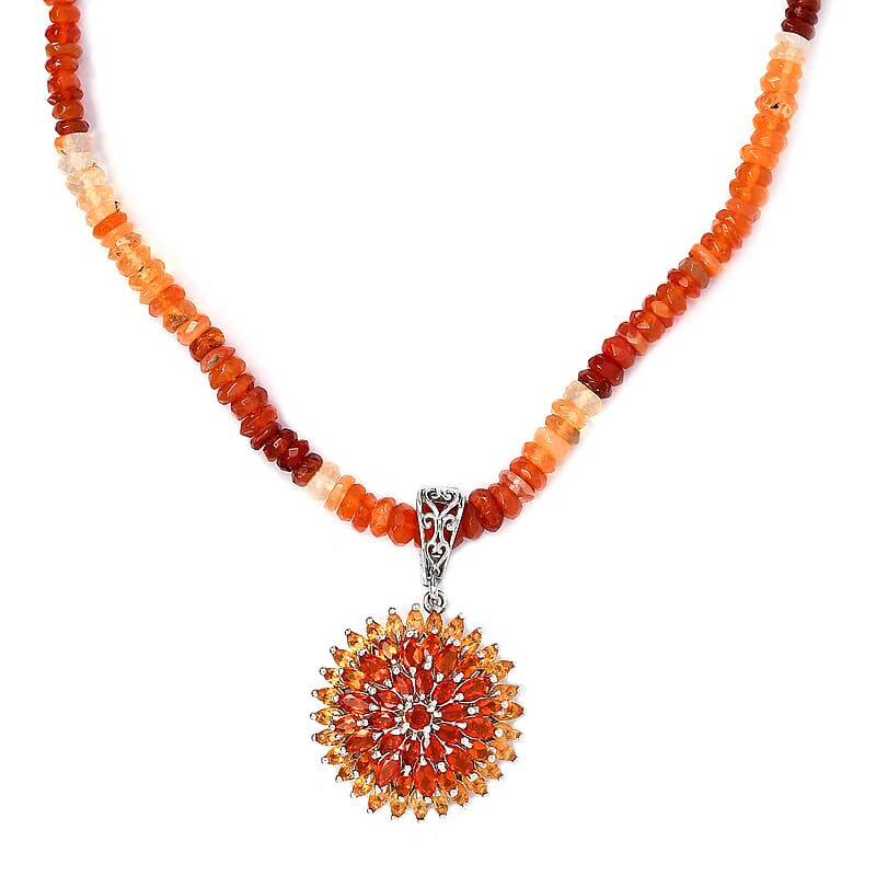 Shades of Fire Opal Floral Spray Pendant with Beaded Necklace 18-20 Inches in Platinum Over Sterling Silver 8 Grams 48.00 ctw