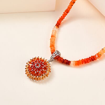 Shades of Fire Opal Floral Spray Pendant with Beaded Necklace 18-20 Inches in Platinum Over Sterling Silver 8 Grams 48.00 ctw