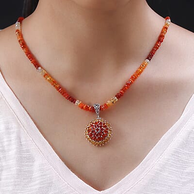 Shades of Fire Opal Floral Spray Pendant with Beaded Necklace 18-20 Inches in Platinum Over Sterling Silver 8 Grams 48.00 ctw