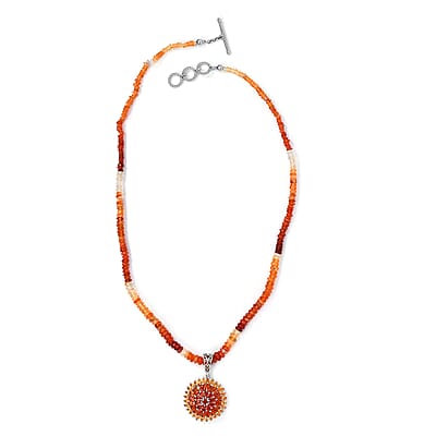 Shades of Fire Opal Floral Spray Pendant with Beaded Necklace 18-20 Inches in Platinum Over Sterling Silver 8 Grams 48.00 ctw