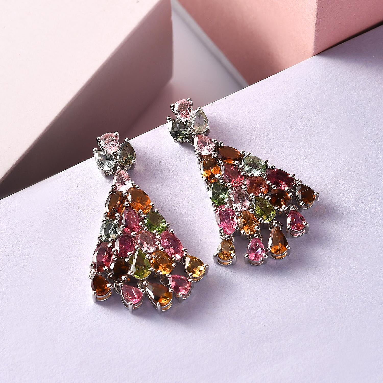 Multi-Tourmaline Chandelier Earrings in Platinum Over Sterling Silver 7.25 ctw