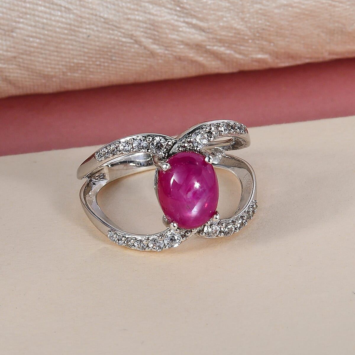Indian Star Ruby and Natural White Zircon Fancy Ring in Platinum Over Sterling Silver (Size 8.0) 3.50 ctw image number 1