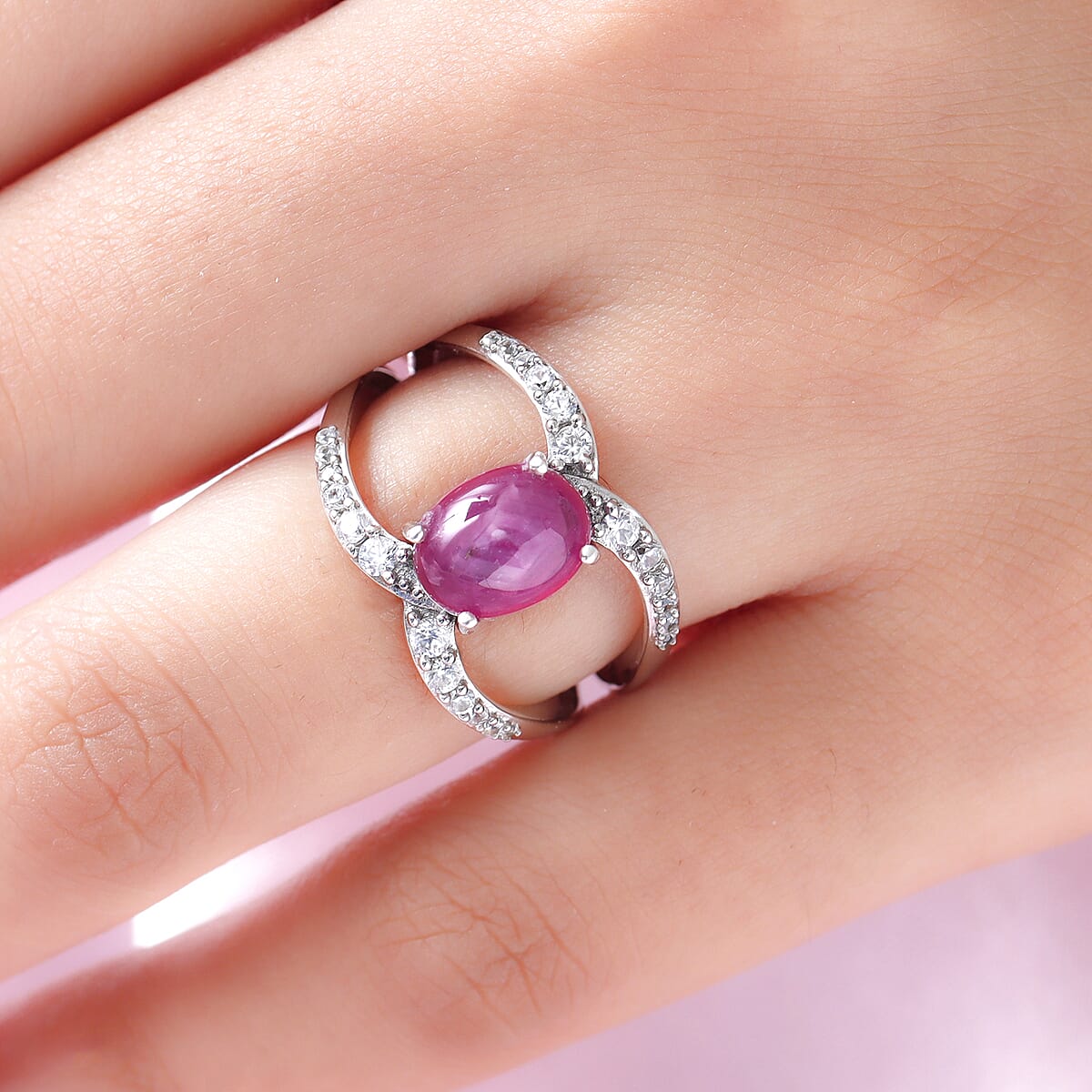 Indian Star Ruby and Natural White Zircon Fancy Ring in Platinum Over Sterling Silver (Size 8.0) 3.50 ctw image number 2