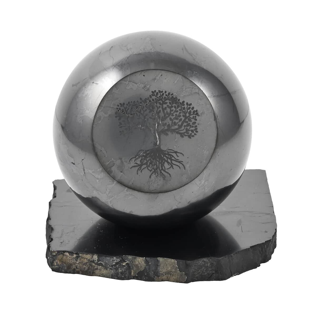 Tree of Life Engraved Shungite Sphere with Stand (8cm) Approx. 4472ctw image number 0