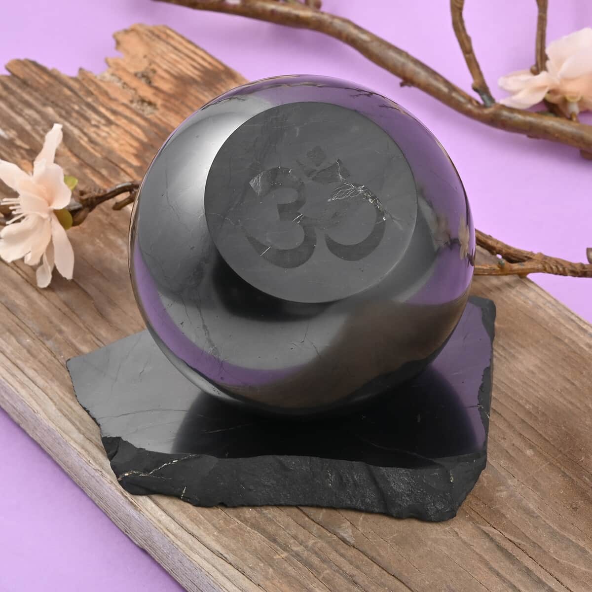 OM Symbol Engraved Shungite Sphere with Stand (80mm) Approx. 4472ctw image number 1