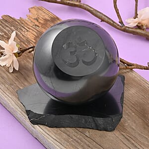 OM Symbol Engraved Shungite Sphere with Stand (80mm) Approx. 4472ctw