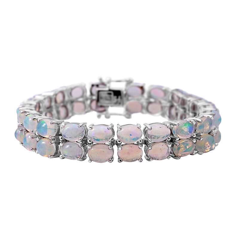 Premium Ethiopian Welo Opal 2 Row Tennis Bracelet in Platinum Over Sterling Silver (6.50 In) 15 Grams 23.00 ctw