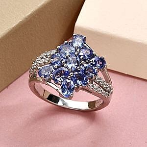 Tanzanite and White Zircon 2.26 ctw Ring in Platinum Over Sterling Silver (Size 5.5)
