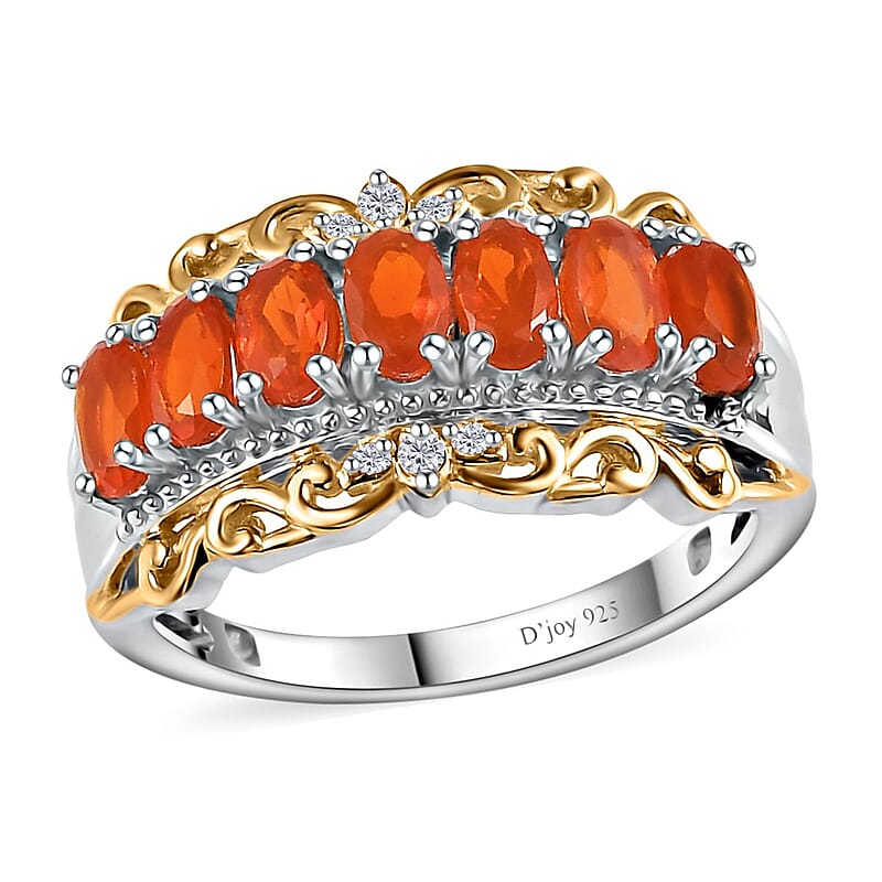 Crimson Fire Opal and White Zircon Ring in Vermeil Yellow Gold and Platinum Over Sterling Silver (Size 10.0) 1.15 ctw