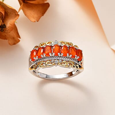 Crimson Fire Opal and White Zircon Ring in Vermeil Yellow Gold and Platinum Over Sterling Silver (Size 10.0) 1.15 ctw