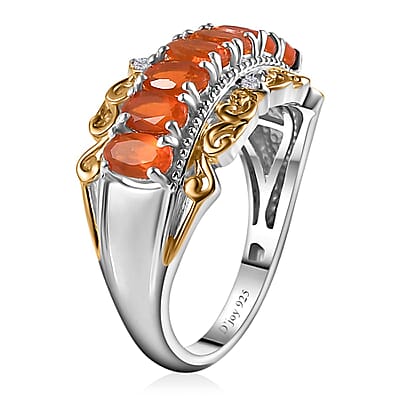 Crimson Fire Opal and White Zircon Ring in Vermeil Yellow Gold and Platinum Over Sterling Silver (Size 10.0) 1.15 ctw