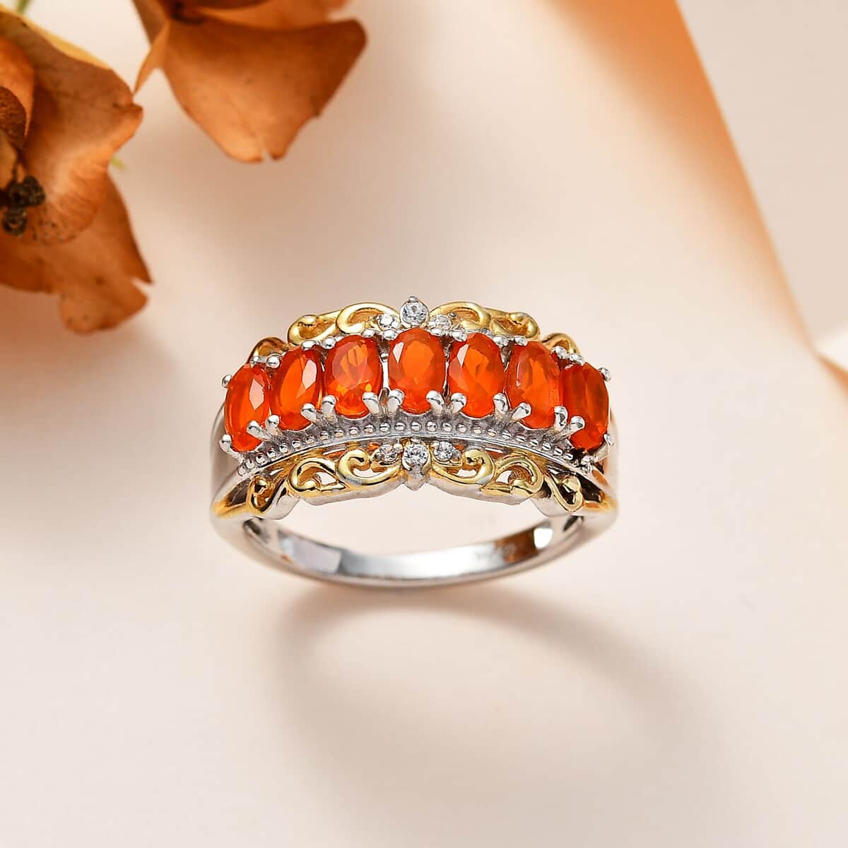 Crimson Fire Opal and Natural White Zircon Ring in Vermeil Yellow Gold and Platinum Over Sterling Silver (Size 5.0) 1.15 ctw image number 1