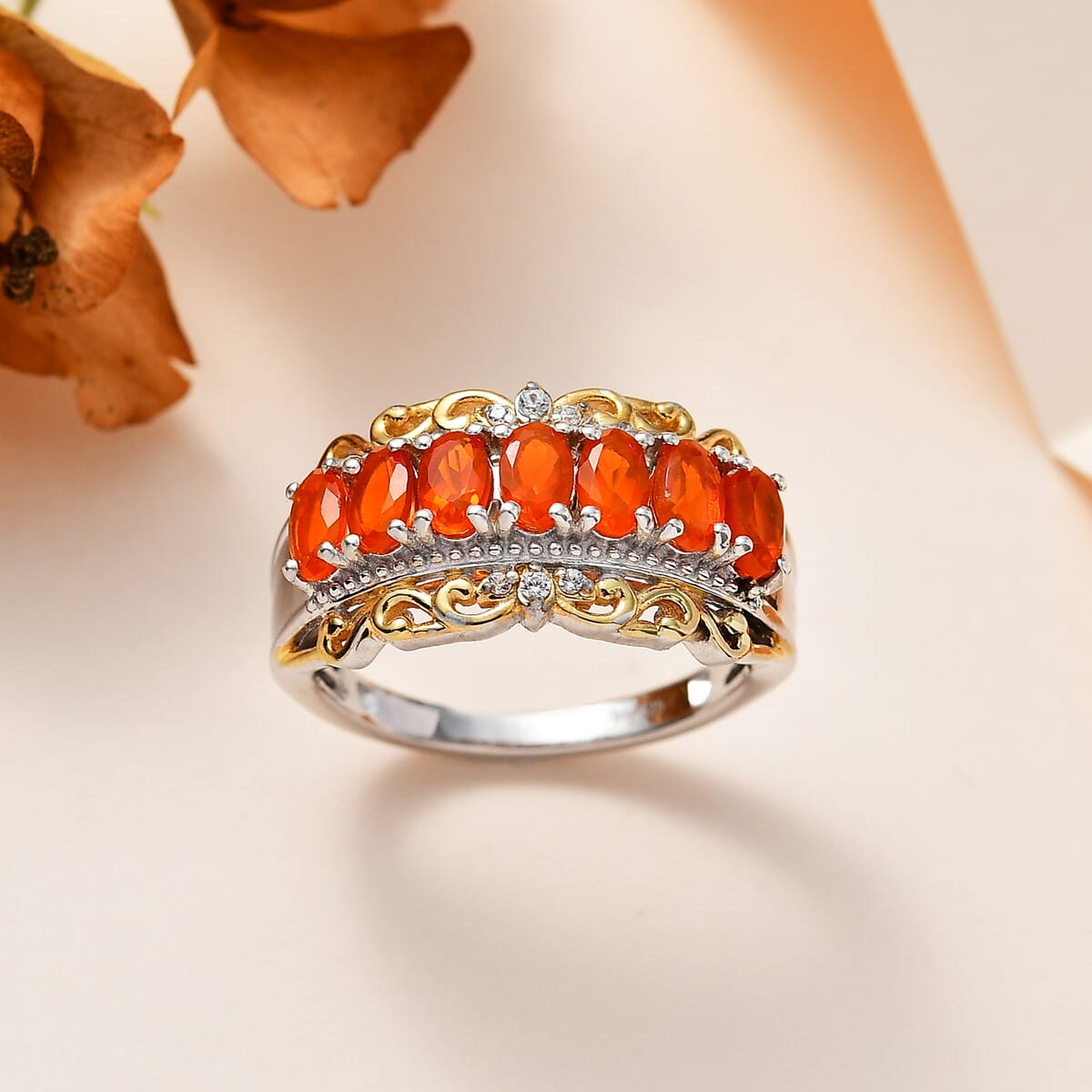 Crimson Fire Opal and White Zircon Ring in Vermeil Yellow Gold and Platinum Over Sterling Silver (Size 7.0) 1.15 ctw image number 1