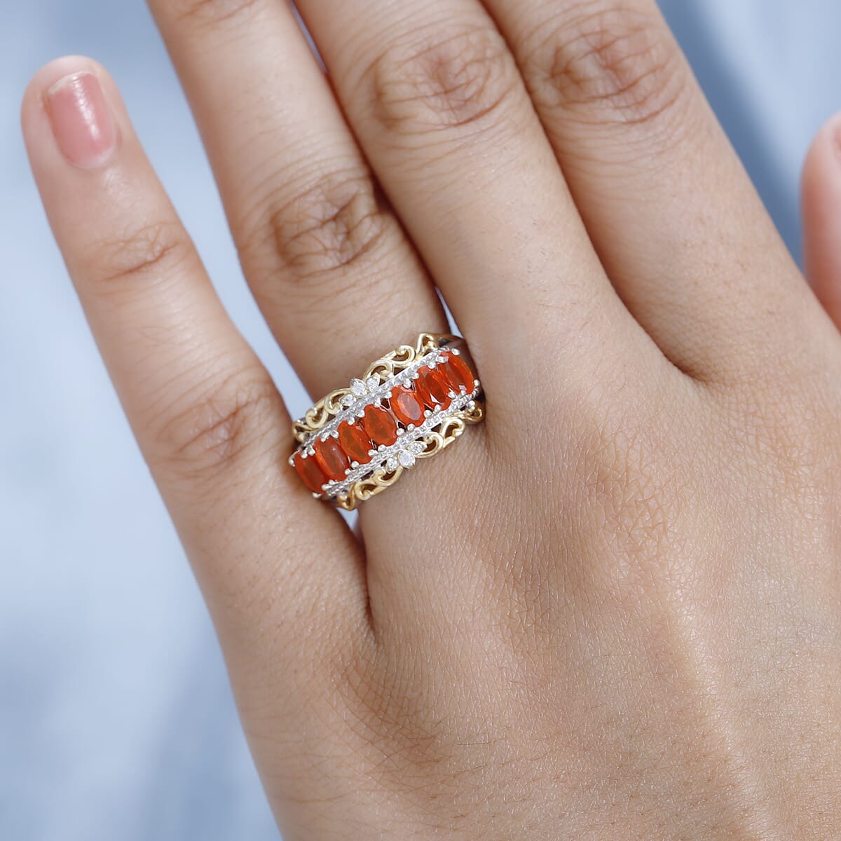 Crimson Fire Opal and White Zircon Ring in Vermeil Yellow Gold and Platinum Over Sterling Silver (Size 7.0) 1.15 ctw image number 2