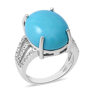 AAA Sleeping Beauty Turquoise and Natural White Zircon Ring in Platinum Over Sterling Silver (Size 6.0) 14.85 ctw
