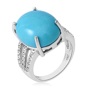 AAA Sleeping Beauty Turquoise and Natural White Zircon Ring in Platinum Over Sterling Silver (Size 6.0) 14.85 ctw