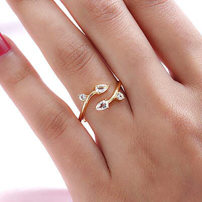 White Topaz Floral Snake Bypass Thumb Ring in Vermeil Yellow Gold Over Sterling Silver (Size 19.0) 0.65 ctw