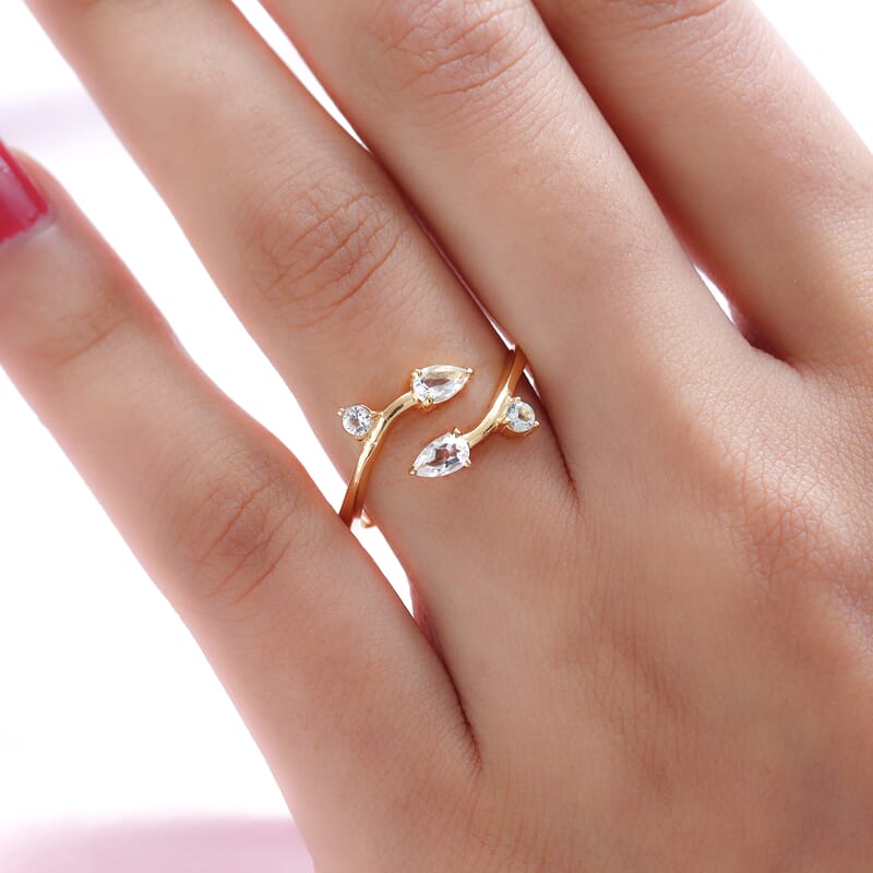 White Topaz Floral Snake Bypass Thumb Ring in Vermeil Yellow Gold Over Sterling Silver (Size 19.0) 0.65 ctw