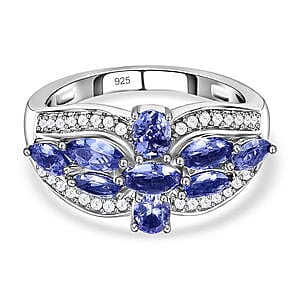 Tanzanite and White Zircon 1.52 ctw Ring in Platinum Over Sterling Silver (Size 10)