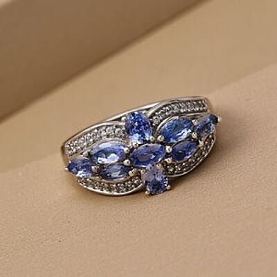 Tanzanite and White Zircon 1.52 ctw Ring in Platinum Over Sterling Silver (Size 10)