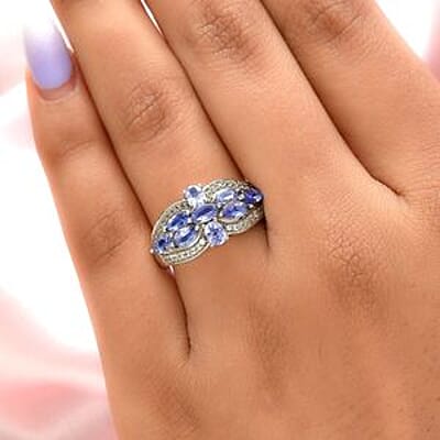 Tanzanite and White Zircon 1.52 ctw Ring in Platinum Over Sterling Silver (Size 10)