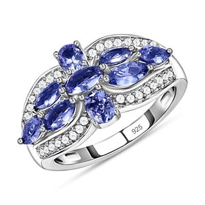 Tanzanite and White Zircon 1.52 ctw Ring in Platinum Over Sterling Silver (Size 10)
