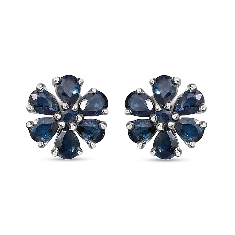 Indigo Sapphire and White Zircon Floral Stud Earrings in Platinum Over Sterling Silver 2.25 ctw