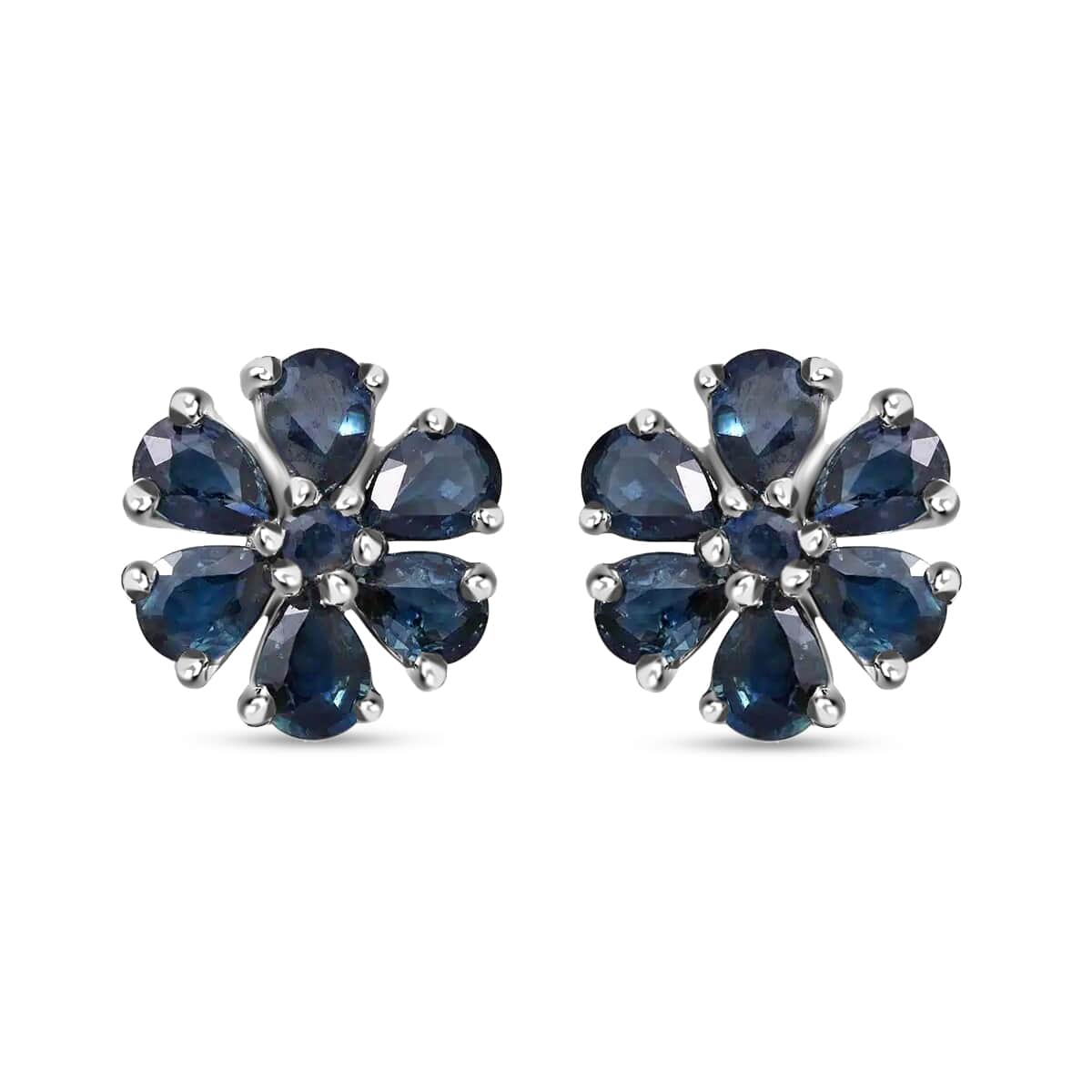 Indigo Sapphire and White Zircon Floral Stud Earrings in Platinum Over Sterling Silver 2.25 ctw image number 0