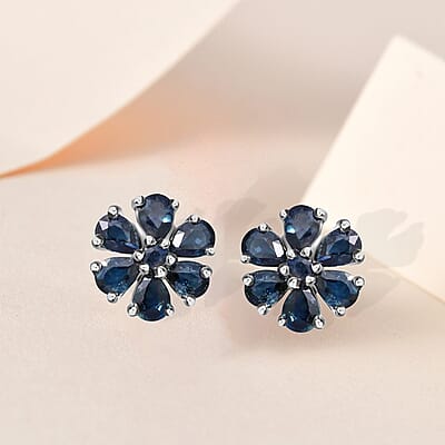 Indigo Sapphire and White Zircon Floral Stud Earrings in Platinum Over Sterling Silver 2.25 ctw