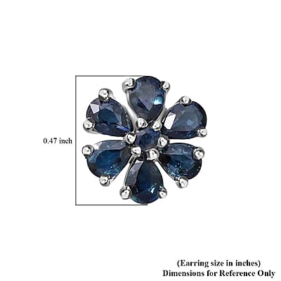 Indigo Sapphire and White Zircon Floral Stud Earrings in Platinum Over Sterling Silver 2.25 ctw