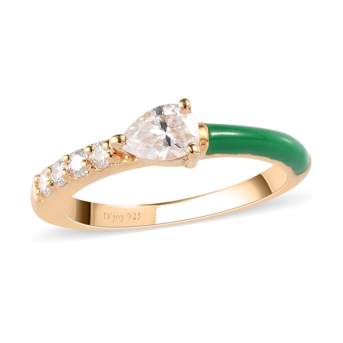 Pear Shaped Moissanite and Half Green Enameled Band Ring in Vermeil Yellow Gold Over Sterling Silver (Size 9.0) 0.55 ctw image number 0